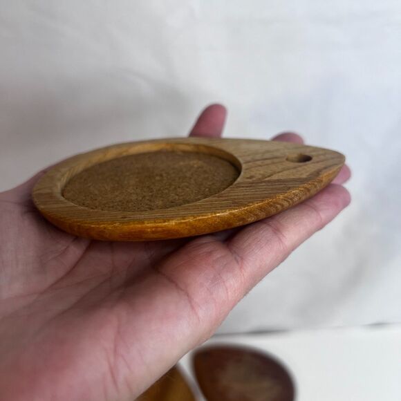 VTG Sere Wooden Cork Coaster Set of 7 w/ Holder MCM Stacked Teardrop Barware - Picture 6 of 16
